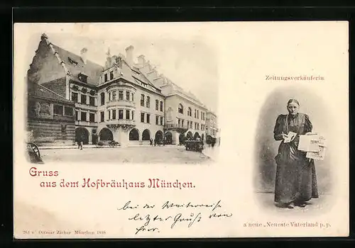 AK München, Münchner Hofbräuhaus, Aussenansicht, Zeitungsverkäuferin mit Neueste Vaterland