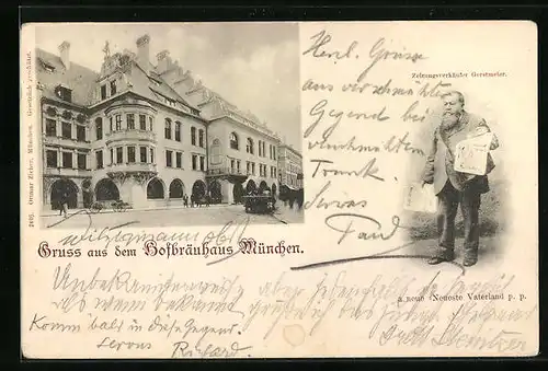 AK München, Münchner Hofbräuhaus, Aussenansicht, Zeitungsverkäufer Gerstmeier mit Neueste Vaterland