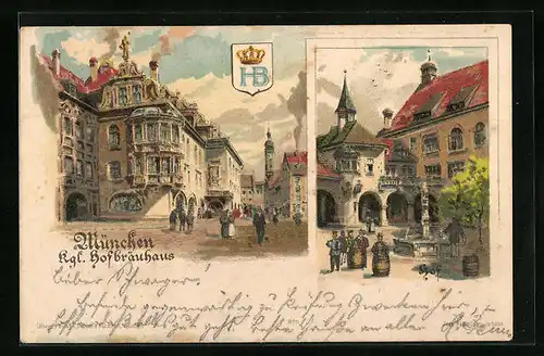 Lithographie München, Münchner Hofbräuhaus, Aussen- und Hofansicht, Wappen