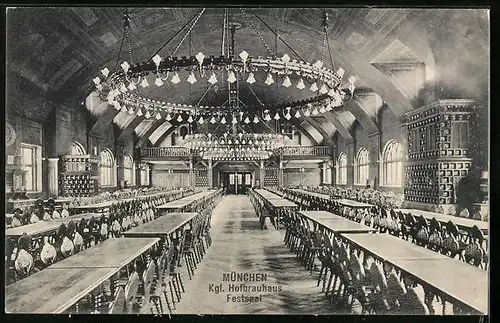 AK München, Münchner Hofbräuhaus, Blick in den Festsaal