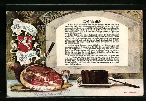 AK Westfalenlied in Textform, Wappen, Schinken und Pumpernickel auf einem Teller