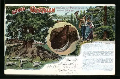 AK Gruss aus Westfalen, Westfalenlied, Land der Pumpernickel und Schinken, Schafhirte und Wanderer