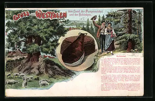 AK Gruss aus Westfalen, dem Lan der Pumpernickel und Schinken, Westfalenlied, Schäfer, Wanderer