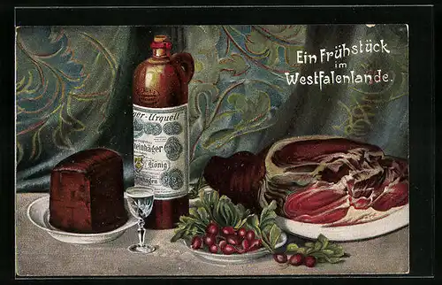 AK Ein Frühstück im Westfalenlande, Pumpernickel, Schinken und Steinhager Urquell auf einem Tisch