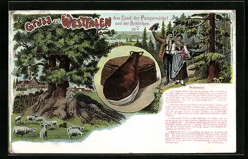 AK Gruss aus Westfalen, dem Land der Pumpernickel und Schinken, Westfalenlied, Schäfer, Wanderer