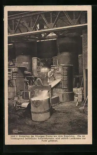 AK Lehrpostkarten, Herstellung eines Lokomotivkessels, Hannomag, Abstechen des flüssigen Eisens