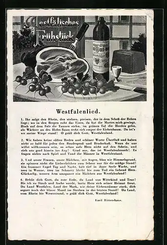 AK Westfalenlied & Westfälisches Frühstück mit Wein, Schinken und Rüben