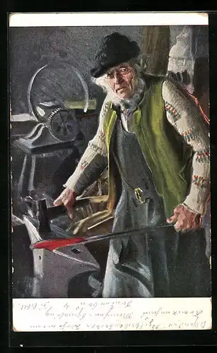 Künstler-AK Alter Schmied bei der Arbeit am Amboss