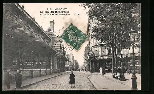 AK Clichy, La rue du Reservoir et le Marché couvert