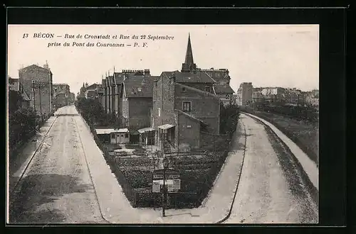 AK Bécon, Rue de Cronstadt et Rue du 22 Septembre prise du Pont des Couronnes