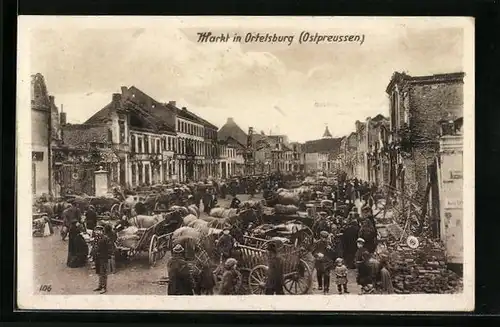 AK Ortelsburg, belebter Marktplatz