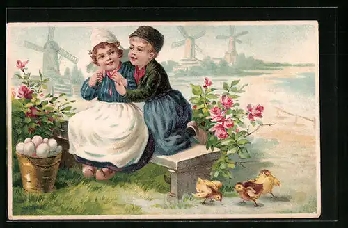 Lithographie Niederländische Kinder vor Mühlenlandschaft