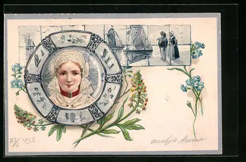 Präge-Lithographie Niederländerin in Tracht im Rettungsring