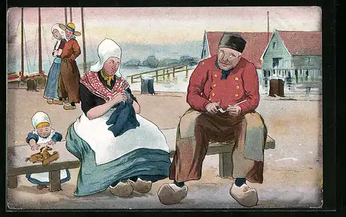 Künstler-AK Hafenszene mit Niederländern in Tracht