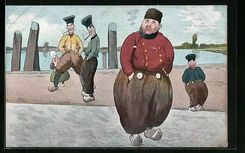 Künstler-AK Landszene am Ufer mit Niederländern in Tracht