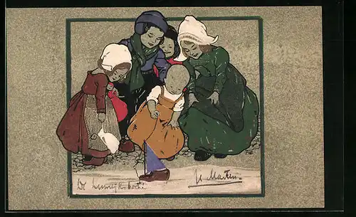 Lithographie Niederländische Kinder in Tracht am Wasser