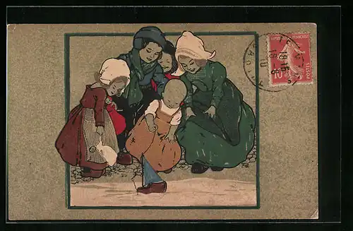 Lithographie Niederländische Kinder beim Spiel am Wasser