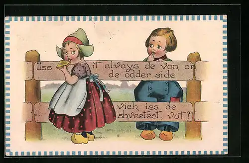 Künstler-AK Niederländische Kinder am Gartenzaun