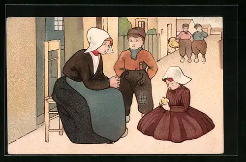 Lithographie Niederländische Strassenszene mit Mutter und Kindern