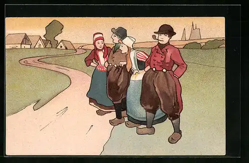 Lithographie Niederländische Landschaft mit jungen Paaren