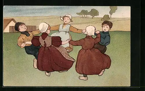 Lithographie Niederländische Kinder beim Spiel