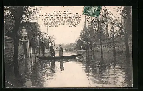 AK Alfort, Inondation Janvier 1910, la Rue des deux Moulins