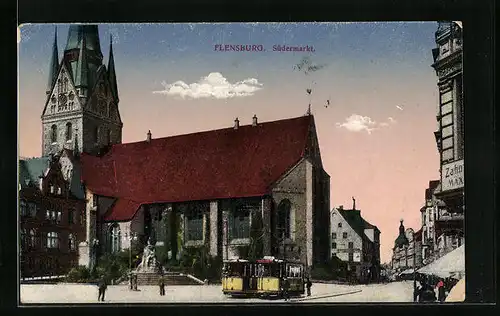 AK Flensburg, Südermarkt mit Strassenbahn