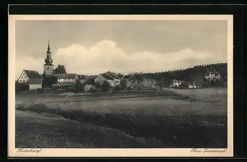 AK Hutschdorf, Ortspartie mit Kirche