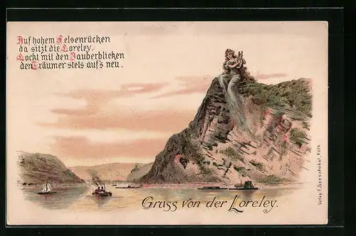 AK Loreley sitzt musizierend auf dem Felsen und blickt auf den Rhein, Gruss von der Loreley