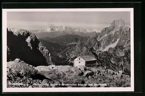 AK Adameck-Hütte, Berghütte gegen Bischofsmütze und Hochkönig