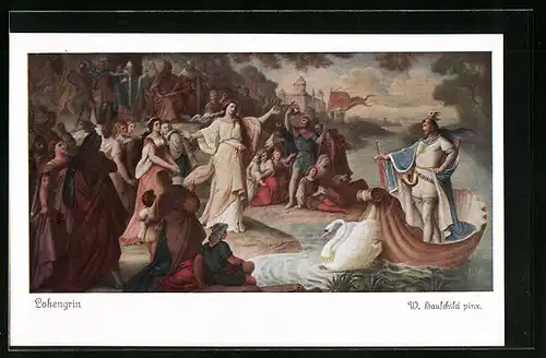 Künstler-AK sign. W. Hauschild: Lohengrin erscheint in seinem Schwanen-Boot, Parsival