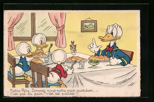 AK Donald Duck sitzt mit Tick, Trick und Track bei einer gemeinsamen Mahlzeit, Comic