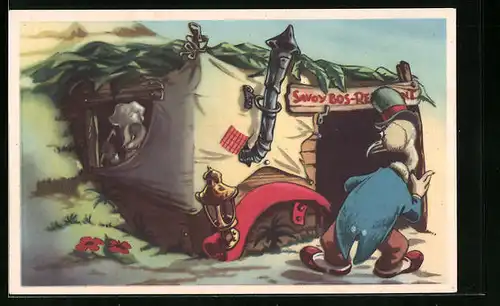 AK Comic Doremias Das, Gast steht vor dem Restaurant des Dachses