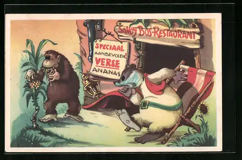 AK Comic Doremias Das, Dachs betrachtet den Affen vor seinem Restaurant