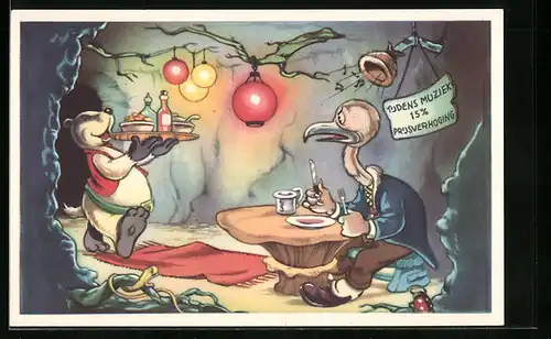 AK Comic Doremias Das, Dachs bewirtet einen Gast in seinem Restaurant