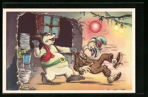 AK Comic Doremias Das, Dachs schleift den Zechpreller in die Küche