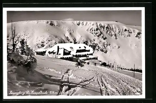 AK Hampelbaude, Berghütte im Riesengebirge im Winter