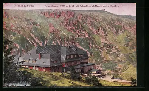 AK Hampelbaude, Berghütte im Riesengebirge mit Prinz-Heinrich-Baude und Mittagstein