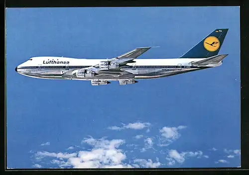 AK Lufthansa, Flugzeug Boeing Jet 747 über den Wolken