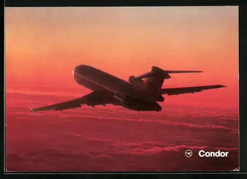 AK Condor, Flugzeug Europa-Jet Boeing 727-230 im Abendrot