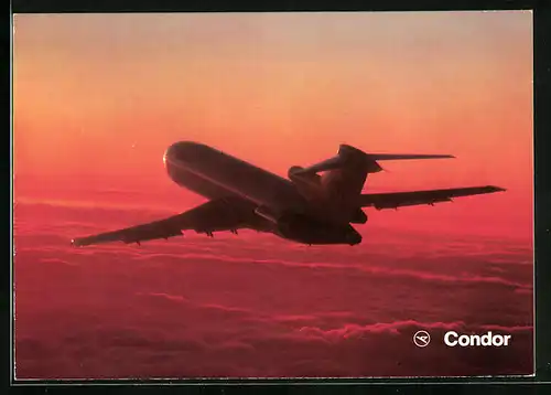 AK Flugzeug Europa-Jet Boeing 727-230 der Condor im Abendrot