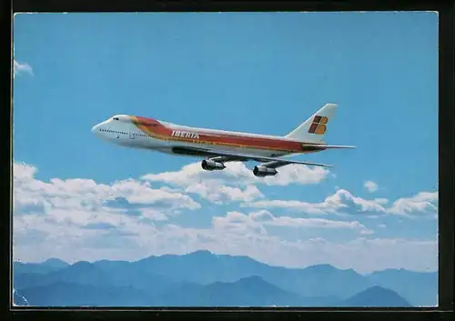 AK Flugzeug Boeing 747 der IBERIA am Himmel