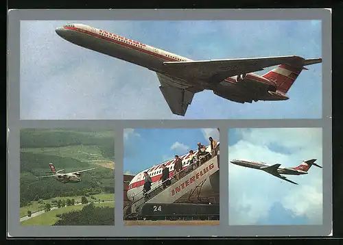AK Flugzeug der Fluggesellschaft Interflug am Himmel und am Boden