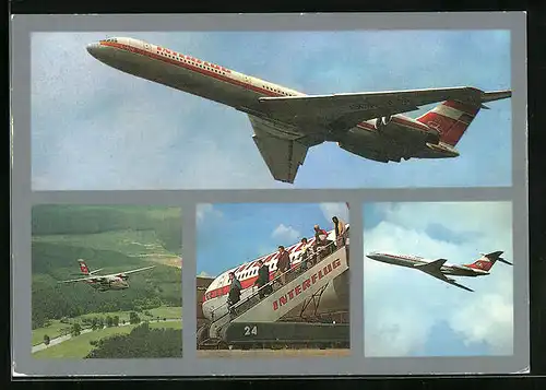 AK Flugzeug der Fluggesellschaft Interflug am Himmel und am Boden