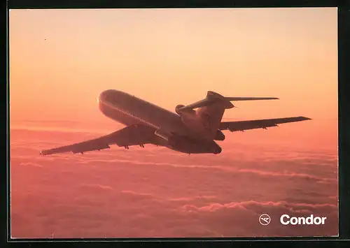AK Europa-Jet Boeing 727-230, Flugzeug der Condor, im Abendrot