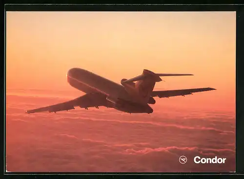AK Europa-Jet Boeing 727-230, Flugzeug der Condor, im Abendrot