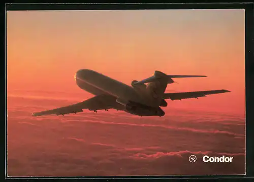 AK Flugzeug Europa-Jet Boeing 727-230 der Condor im Abendrot