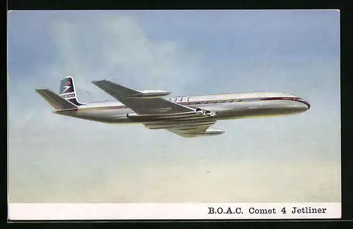 AK Flugzeug Comet 4 Jetliner von B. O. A. C. in der Luft