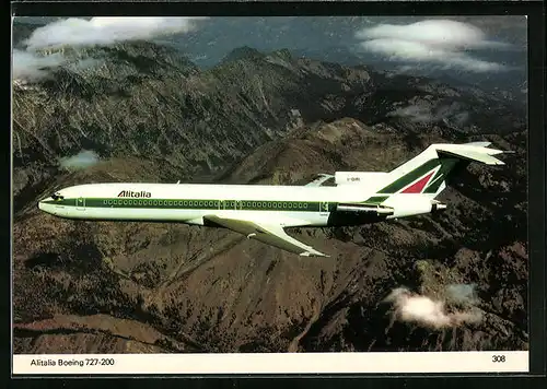 AK Flugzeug Boeing 727-200 von Alitalia über dem Gebirge