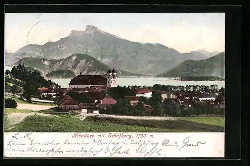 AK Mondsee, Ortsansicht mit Schafberg